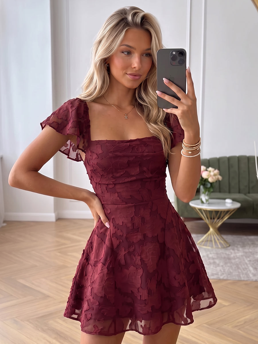 A-Line/Princess Square Neck Flying Sleeves Chiffon Mini Semi Formal Dresses with Florals