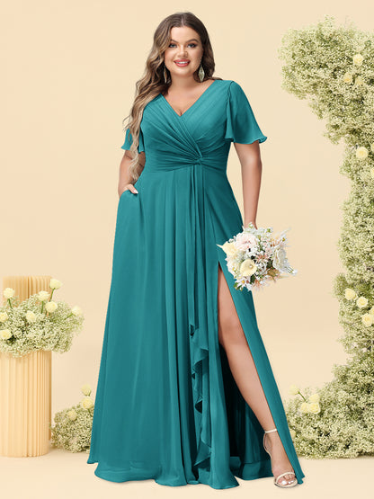 A-Line/Princess V-Neck Sleeveless Chiffon Plus Size Bridesmaid Dresses with Pockets