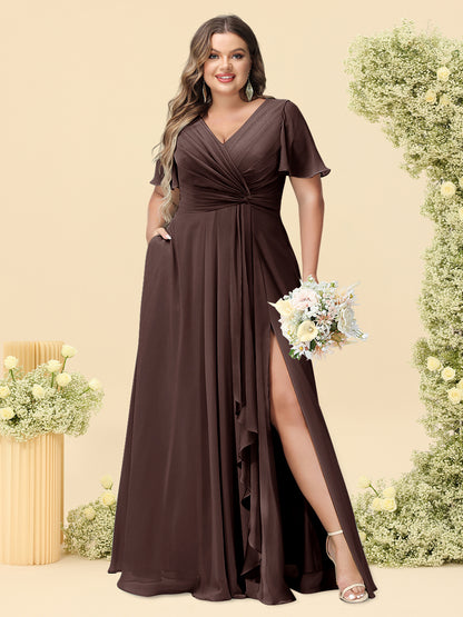 A-Line/Princess V-Neck Sleeveless Chiffon Plus Size Bridesmaid Dresses with Pockets