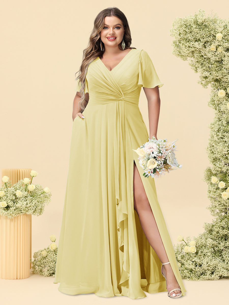 A-Line/Princess V-Neck Sleeveless Chiffon Plus Size Bridesmaid Dresses with Pockets