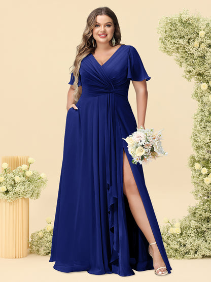 A-Line/Princess V-Neck Sleeveless Chiffon Plus Size Bridesmaid Dresses with Pockets