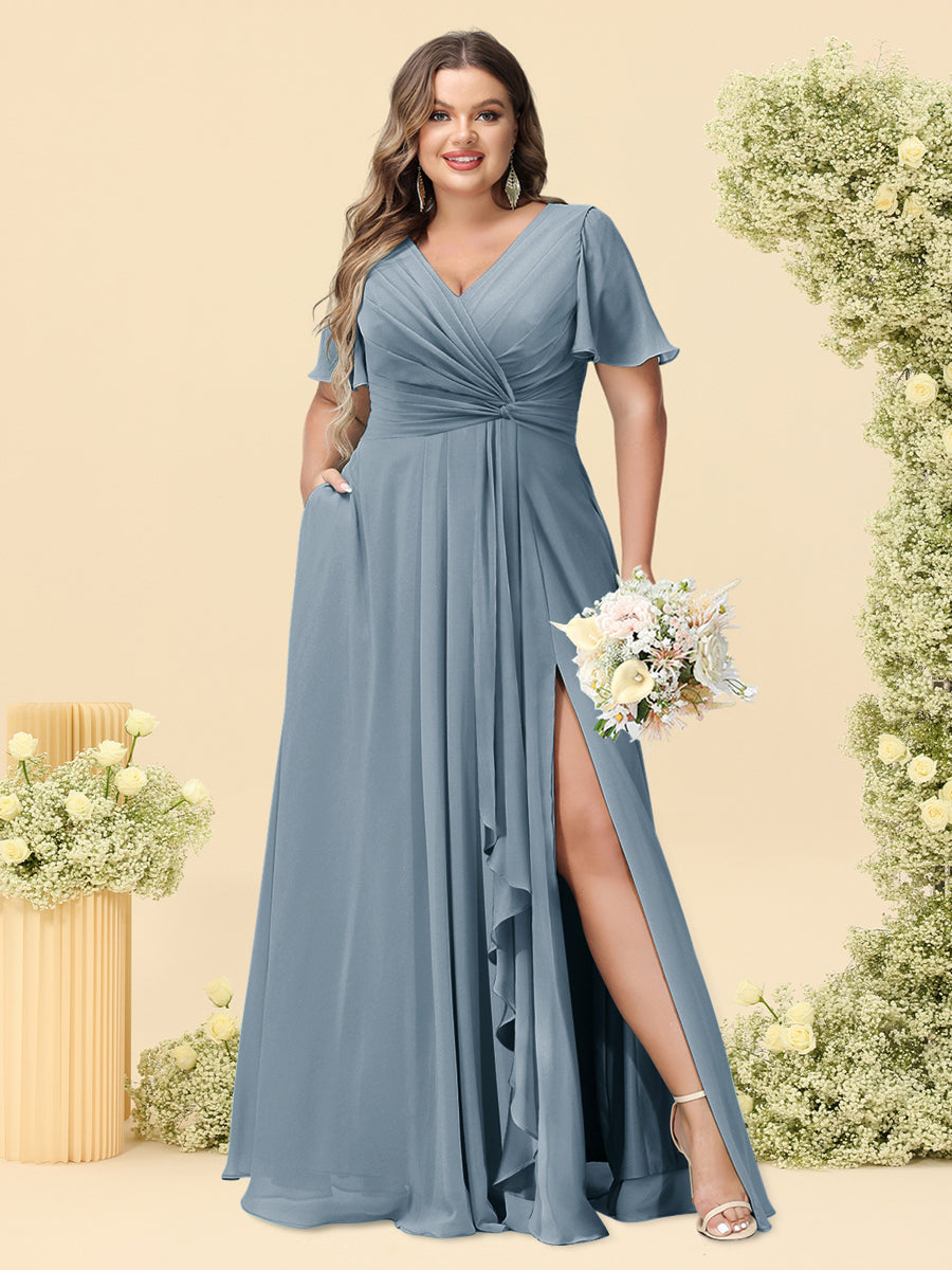 A-Line/Princess V-Neck Sleeveless Chiffon Plus Size Bridesmaid Dresses with Pockets