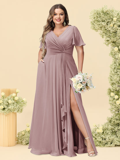 A-Line/Princess V-Neck Sleeveless Chiffon Plus Size Bridesmaid Dresses with Pockets