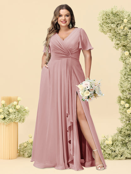 A-Line/Princess V-Neck Sleeveless Chiffon Plus Size Bridesmaid Dresses with Pockets