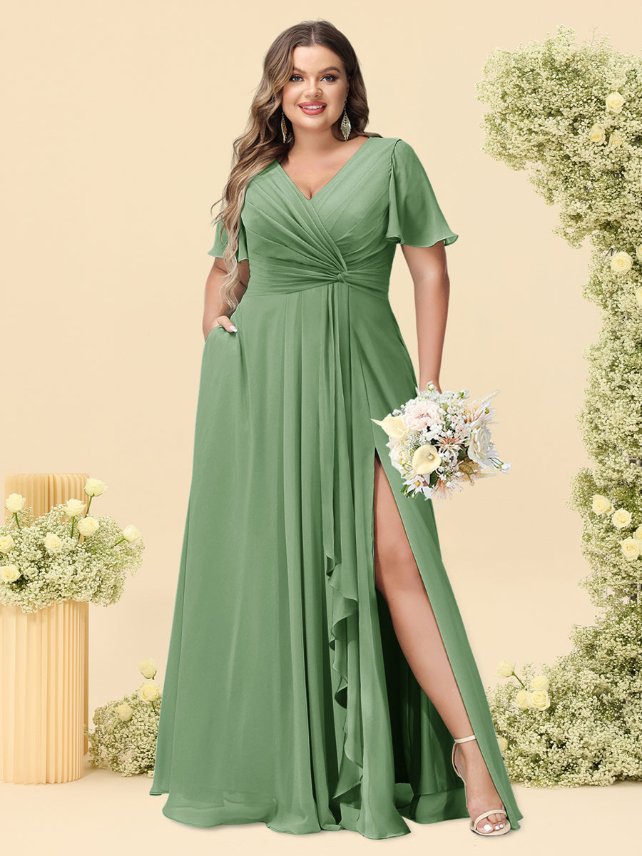 A-Line/Princess V-Neck Sleeveless Chiffon Plus Size Bridesmaid Dresses with Pockets