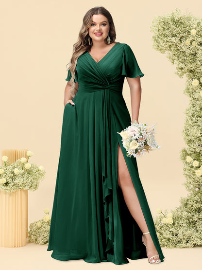A-Line/Princess V-Neck Sleeveless Chiffon Plus Size Bridesmaid Dresses with Pockets