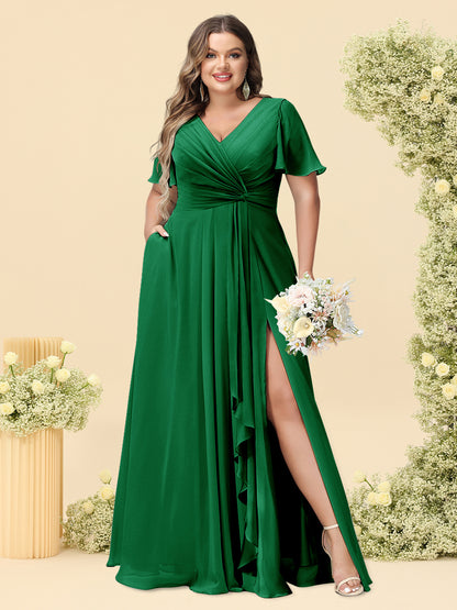 A-Line/Princess V-Neck Sleeveless Chiffon Plus Size Bridesmaid Dresses with Pockets