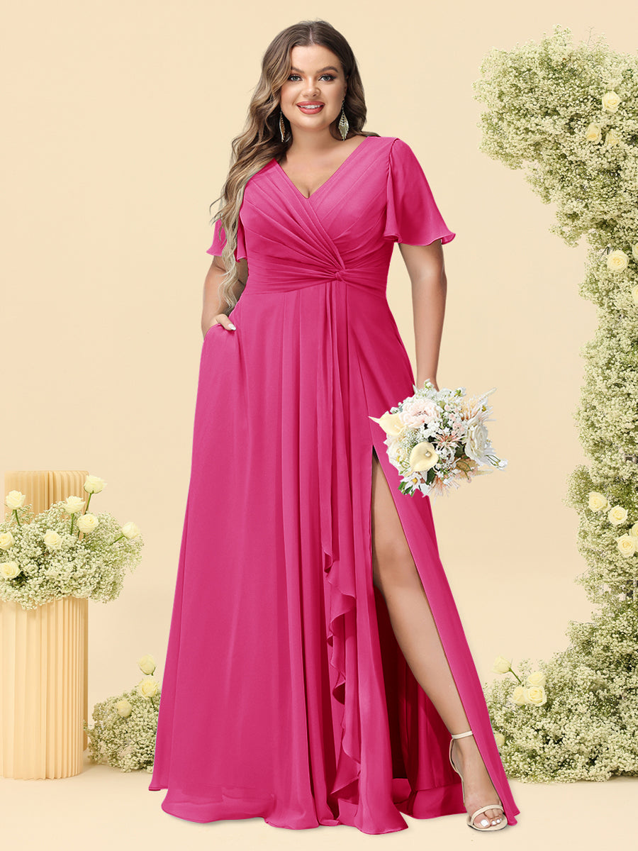 A-Line/Princess V-Neck Sleeveless Chiffon Plus Size Bridesmaid Dresses with Pockets