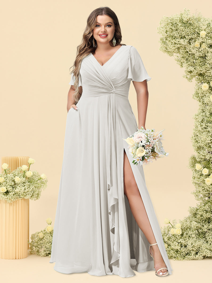 A-Line/Princess V-Neck Sleeveless Chiffon Plus Size Bridesmaid Dresses with Pockets