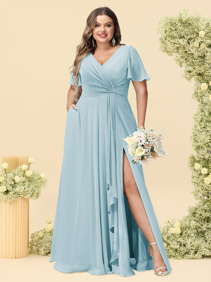A-Line/Princess V-Neck Sleeveless Chiffon Plus Size Bridesmaid Dresses with Pockets