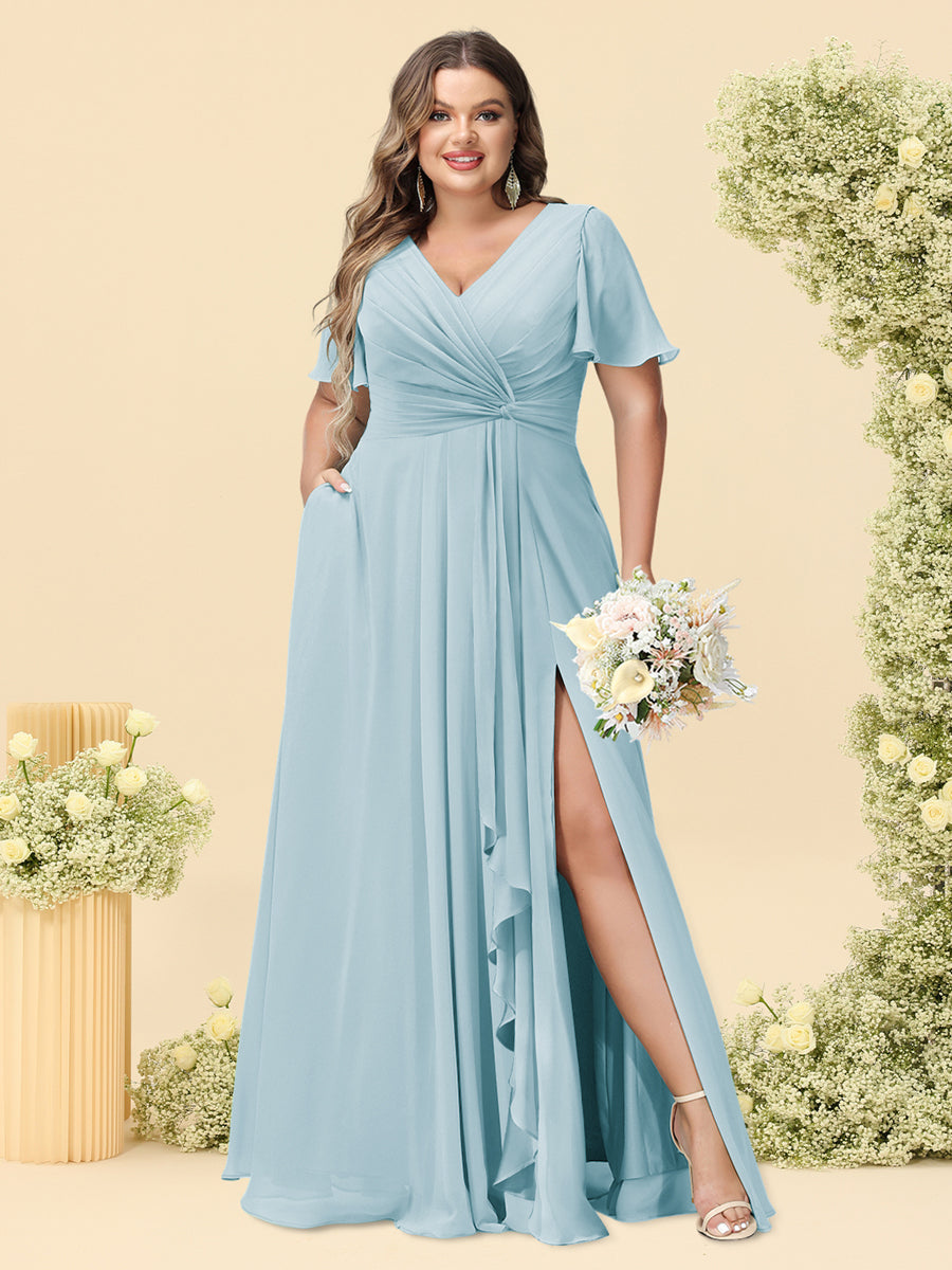 A-Line/Princess V-Neck Sleeveless Chiffon Plus Size Bridesmaid Dresses with Pockets