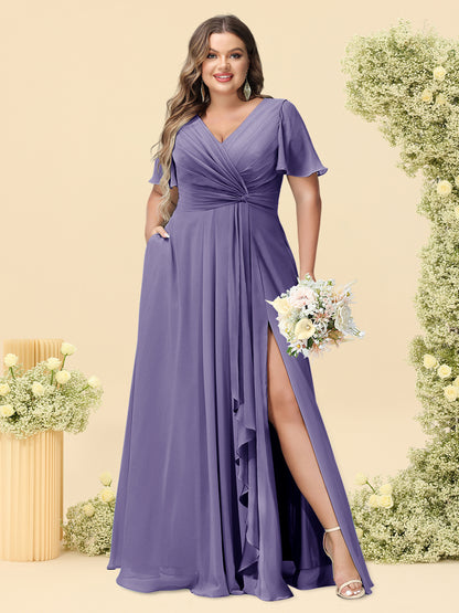 A-Line/Princess V-Neck Sleeveless Chiffon Plus Size Bridesmaid Dresses with Pockets