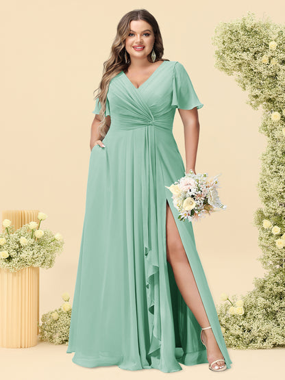 A-Line/Princess V-Neck Sleeveless Chiffon Plus Size Bridesmaid Dresses with Pockets