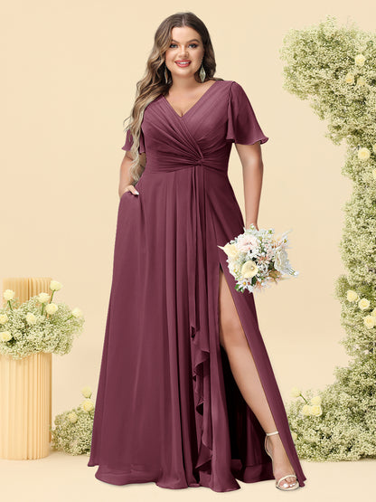 A-Line/Princess V-Neck Sleeveless Chiffon Plus Size Bridesmaid Dresses with Pockets
