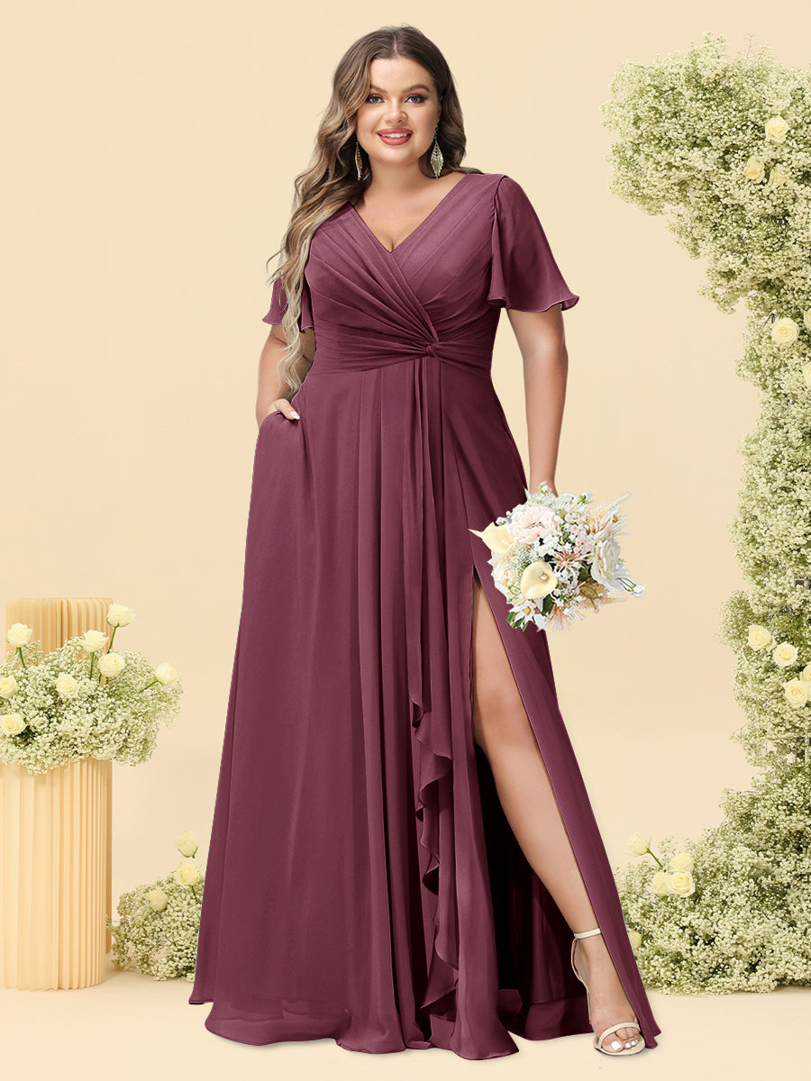 A-Line/Princess V-Neck Sleeveless Chiffon Plus Size Bridesmaid Dresses with Pockets