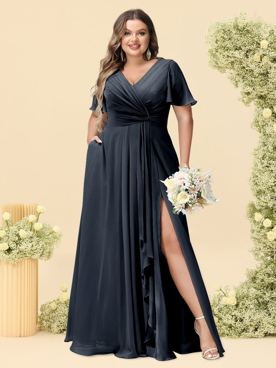 A-Line/Princess V-Neck Sleeveless Chiffon Plus Size Bridesmaid Dresses with Pockets