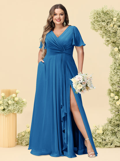 A-Line/Princess V-Neck Sleeveless Chiffon Plus Size Bridesmaid Dresses with Pockets