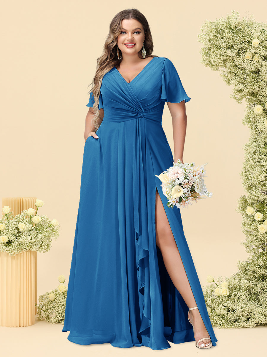 A-Line/Princess V-Neck Sleeveless Chiffon Plus Size Bridesmaid Dresses with Pockets