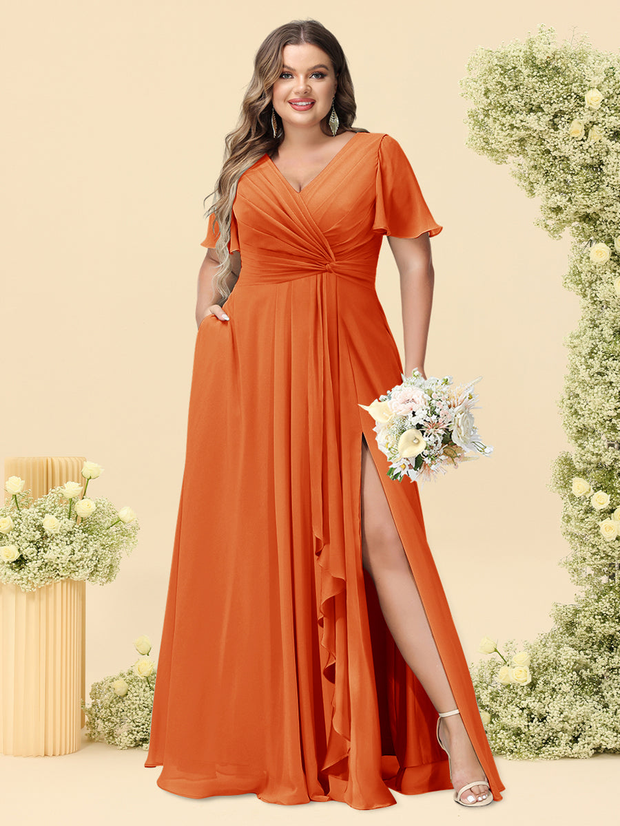 A-Line/Princess V-Neck Sleeveless Chiffon Plus Size Bridesmaid Dresses with Pockets