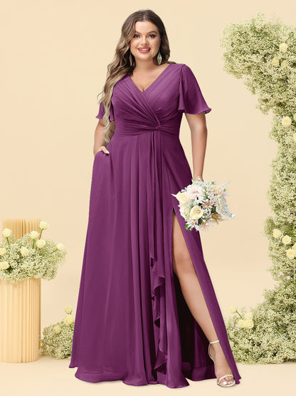 A-Line/Princess V-Neck Sleeveless Chiffon Plus Size Bridesmaid Dresses with Pockets