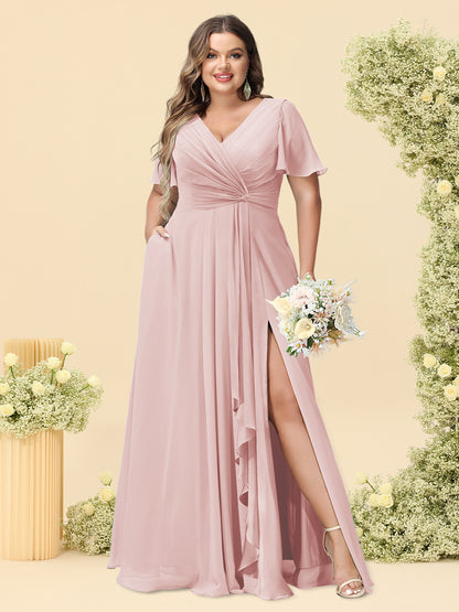 A-Line/Princess V-Neck Sleeveless Chiffon Plus Size Bridesmaid Dresses with Pockets