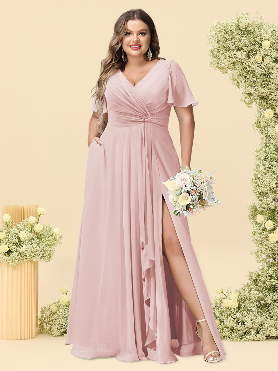 A-Line/Princess V-Neck Sleeveless Chiffon Plus Size Bridesmaid Dresses with Pockets