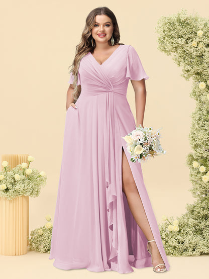 A-Line/Princess V-Neck Sleeveless Chiffon Plus Size Bridesmaid Dresses with Pockets