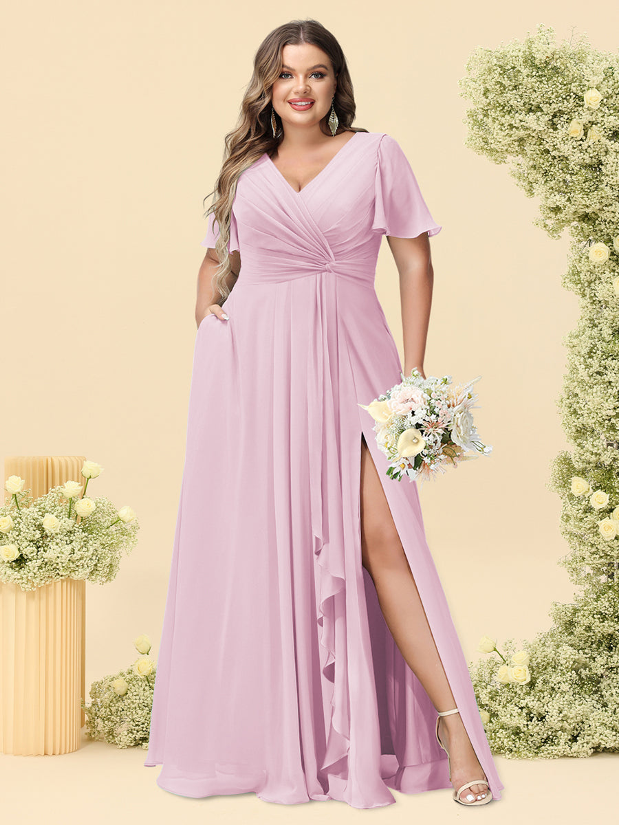 A-Line/Princess V-Neck Sleeveless Chiffon Plus Size Bridesmaid Dresses with Pockets