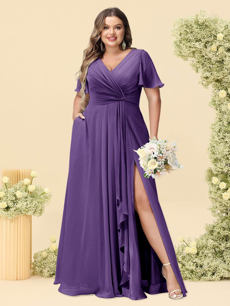 A-Line/Princess V-Neck Sleeveless Chiffon Plus Size Bridesmaid Dresses with Pockets