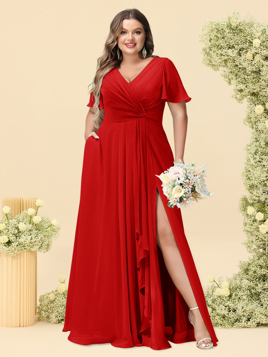 A-Line/Princess V-Neck Sleeveless Chiffon Plus Size Bridesmaid Dresses with Pockets