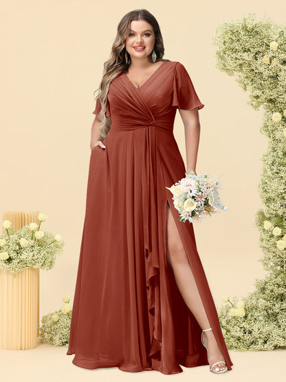 A-Line/Princess V-Neck Sleeveless Chiffon Plus Size Bridesmaid Dresses with Pockets