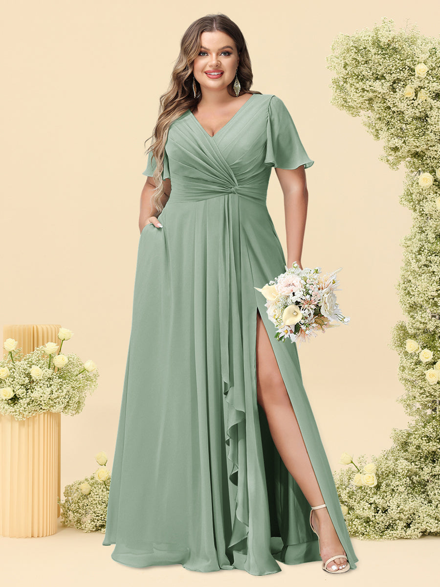 A-Line/Princess V-Neck Sleeveless Chiffon Plus Size Bridesmaid Dresses with Pockets