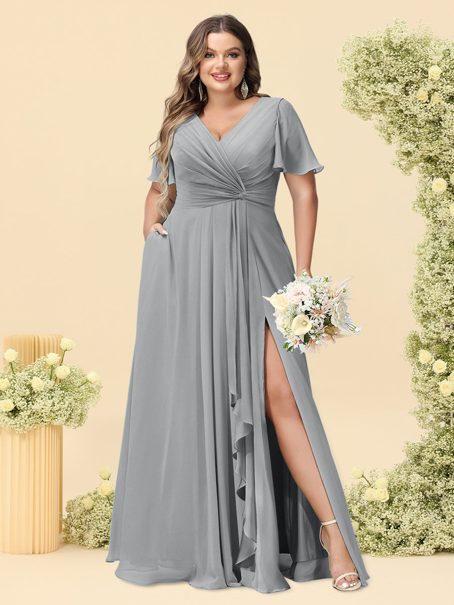 A-Line/Princess V-Neck Sleeveless Chiffon Plus Size Bridesmaid Dresses with Pockets