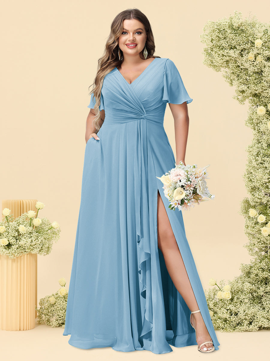 A-Line/Princess V-Neck Sleeveless Chiffon Plus Size Bridesmaid Dresses with Pockets