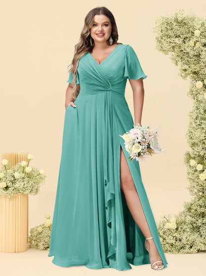 A-Line/Princess V-Neck Sleeveless Chiffon Plus Size Bridesmaid Dresses with Pockets