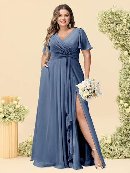 A-Line/Princess V-Neck Sleeveless Chiffon Plus Size Bridesmaid Dresses with Pockets