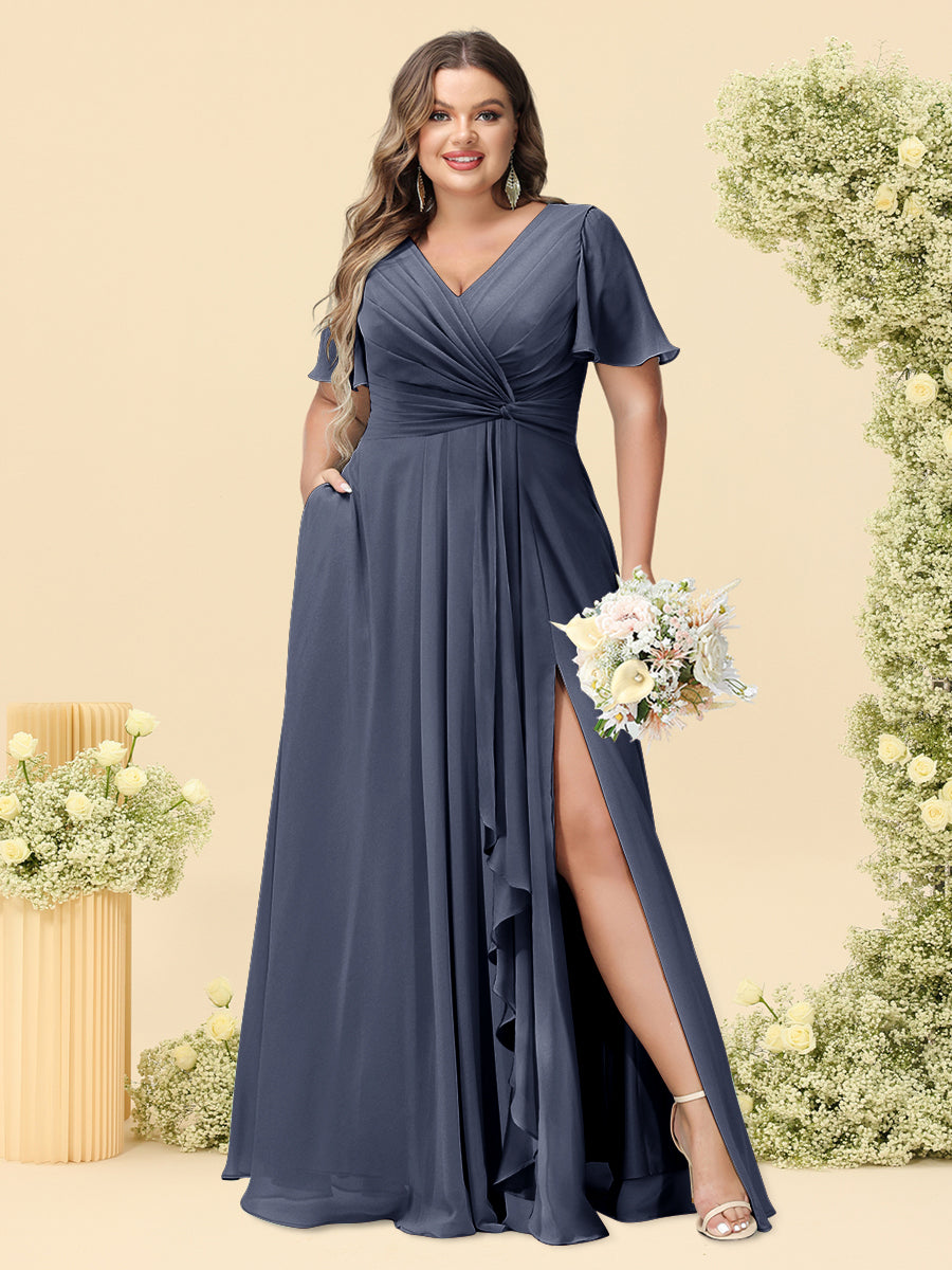 A-Line/Princess V-Neck Sleeveless Chiffon Plus Size Bridesmaid Dresses with Pockets