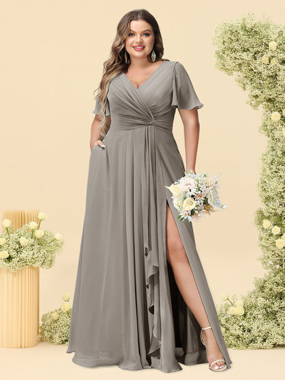 A-Line/Princess V-Neck Sleeveless Chiffon Plus Size Bridesmaid Dresses with Pockets