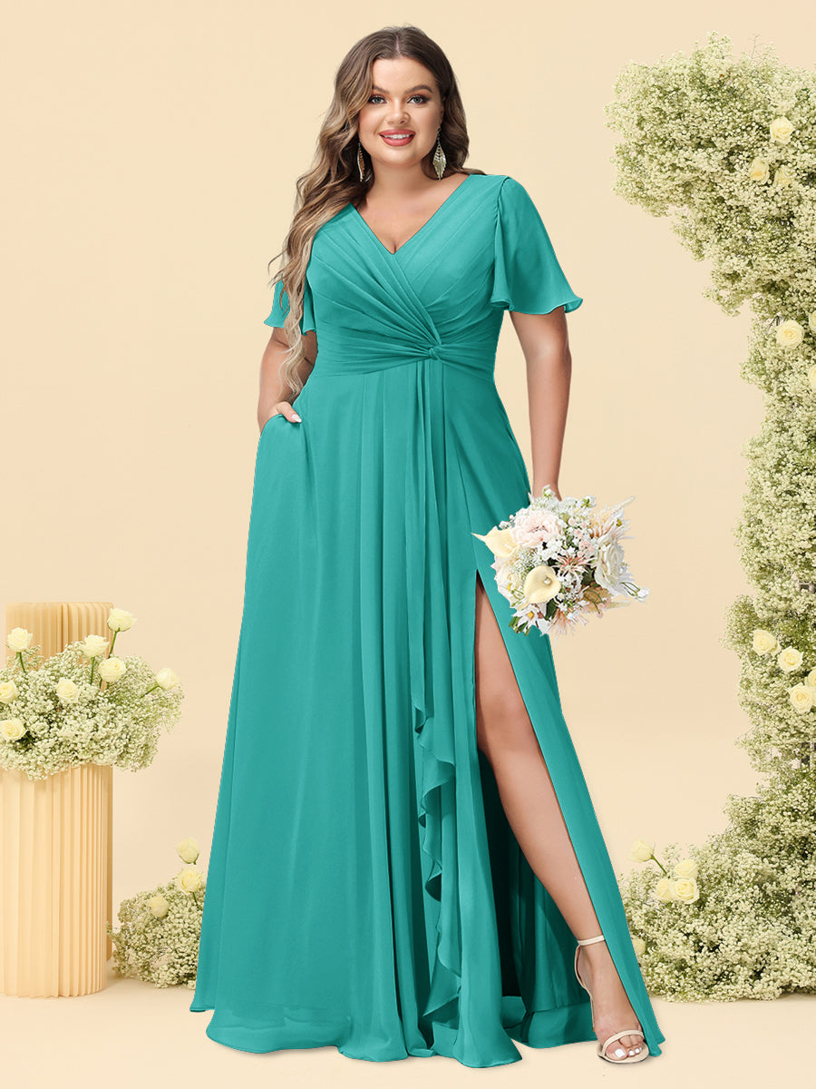 A-Line/Princess V-Neck Sleeveless Chiffon Plus Size Bridesmaid Dresses with Pockets