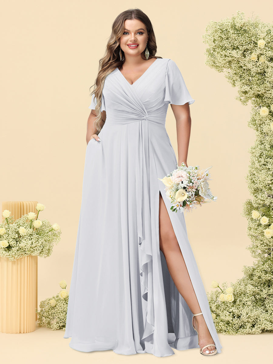 A-Line/Princess V-Neck Sleeveless Chiffon Plus Size Bridesmaid Dresses with Pockets