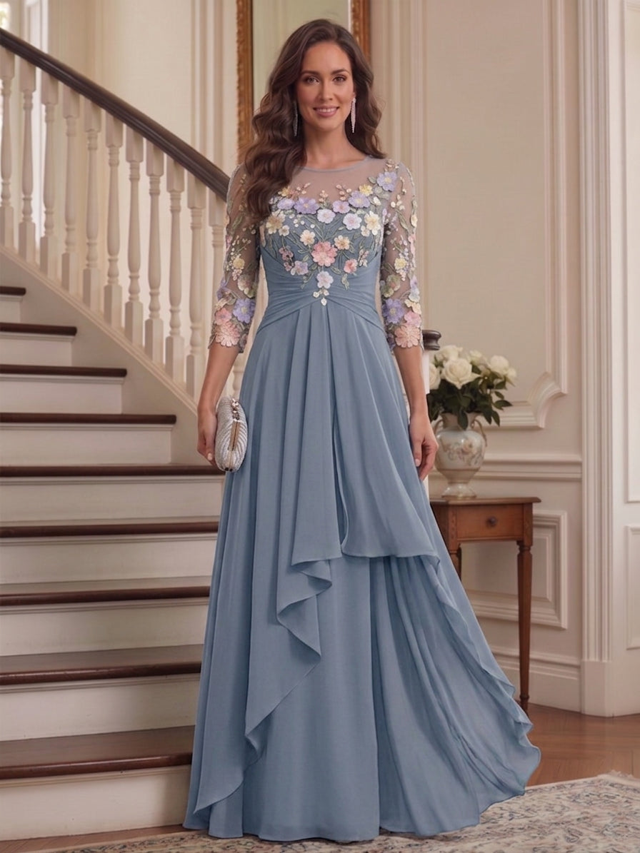 A-Line/Princess Scoop 3/4 Sleeves Floral Mother of the Bride Dresses with Appliques & Ruffles