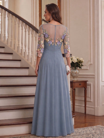 A-Line/Princess Scoop 3/4 Sleeves Floral Mother of the Bride Dresses with Appliques & Ruffles