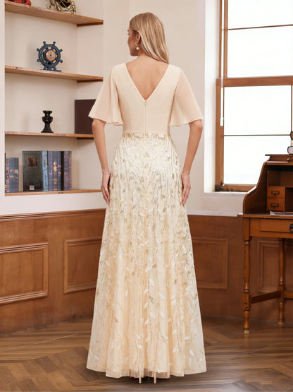 A-Line/Princess V-Neck Half Sleeves Split Side Mother of the Bride Dresses with Applique & Ruched