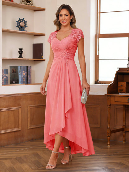 A-Line/Princess Sweetheart Short Sleeves Asymmetrical  Mother of the Bride Dresses with Appliques & Ruffles