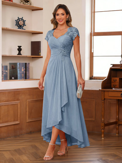 A-Line/Princess Sweetheart Short Sleeves Asymmetrical  Mother of the Bride Dresses with Appliques & Ruffles