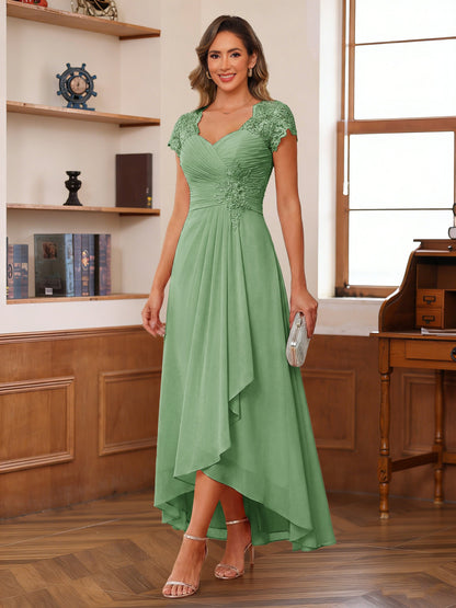 A-Line/Princess Sweetheart Short Sleeves Asymmetrical  Mother of the Bride Dresses with Appliques & Ruffles
