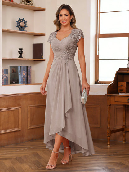 A-Line/Princess Sweetheart Short Sleeves Asymmetrical  Mother of the Bride Dresses with Appliques & Ruffles
