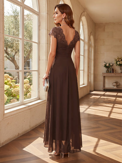 A-Line/Princess Sweetheart Short Sleeves Asymmetrical Chiffon Mother of the Bride Dresses with Appliques & Ruffles