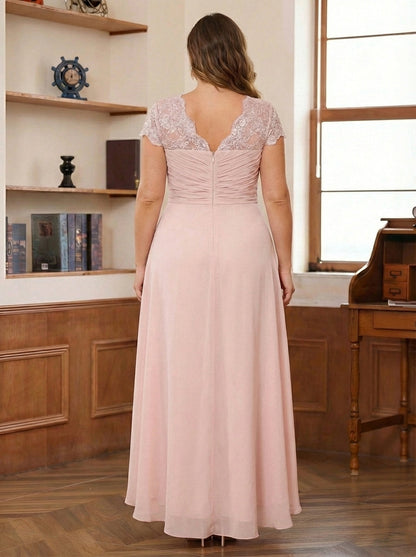 A-Line/Princess Sweetheart Short Sleeves Asymmetrical Plus Size Mother of the Bride Dresses with Appliques & Ruffles