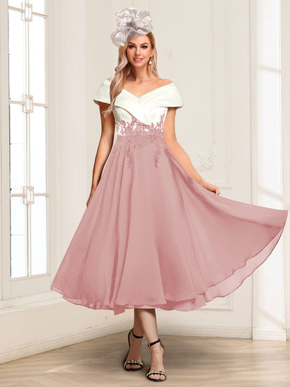 A-Line/Princess V-Neck Cap Sleeves Tea-Length Mother of the Bride with Appliques